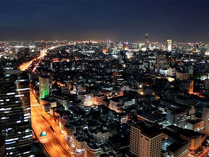 Bangkok City by night - buildings, roads & cars